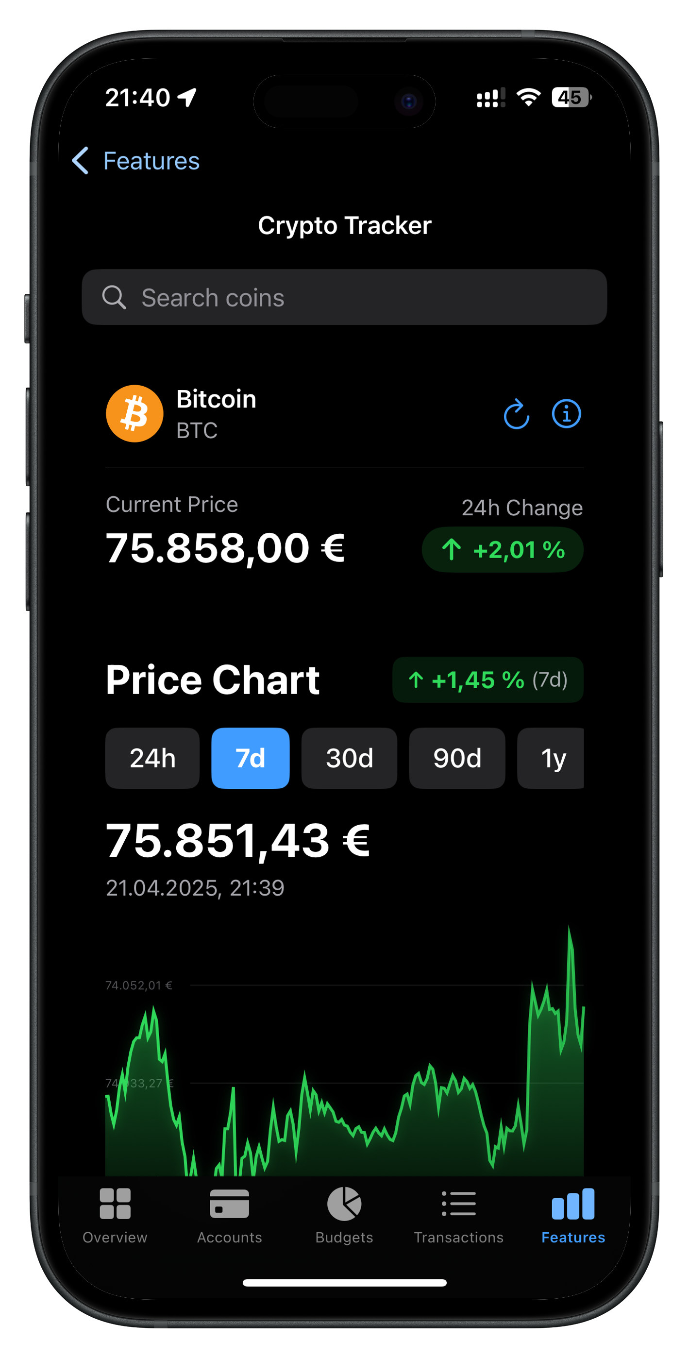 Cryptocurrency tracking feature